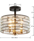 Crystal 3-Light Semi Flush Mount Ceiling Light Fixture With E12 Bases, D12 x H9 Inches, Sparkling Crystal Sticks Shade, Luxe Light Gold and Matte Black Finish with dimensions displayed