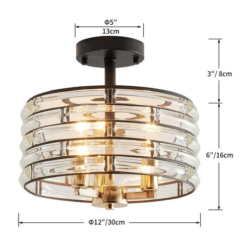 Crystal 3-Light Semi Flush Mount Ceiling Light Fixture With E12 Bases, D12 x H9 Inches, Sparkling Crystal Sticks Shade, Luxe Light Gold and Matte Black Finish with dimensions displayed