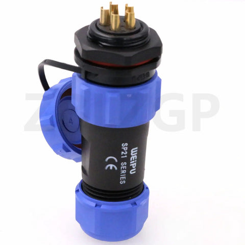 SP21 5 Pin IP68 Waterproof Aviation Circular Connector 21mm Panel Mount 30A Plug Socket With Dust Cover For Rugged Industrial Power And Signal Applications, blue and black