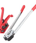 Heavy Duty Strapping Tensioner And Sealer Tool Set for PET and PP Plastic Straps with red handles for hand sealing and banding.