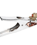 Heavy Duty 300A Grounding Work Clamp For Electric Welding And Soldering Repair with a shiny silver finish and copper connections.