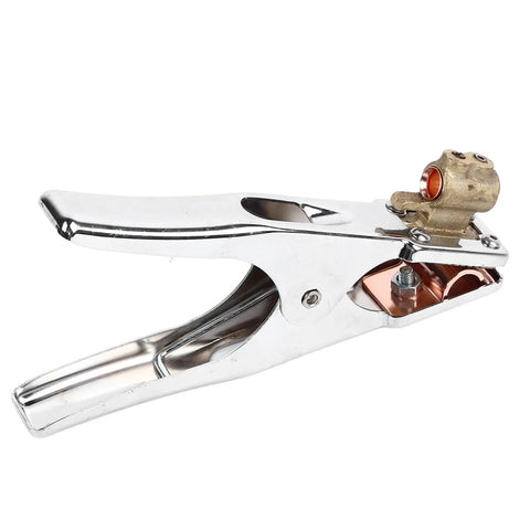 Heavy Duty 300A Grounding Work Clamp For Electric Welding And Soldering Repair with a shiny silver finish and copper connections.