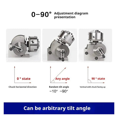 0-90 degree adjustment diagram for Built Tough 4 Inch Indexing Head For Milling Machines displaying tilt angles.
