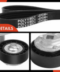 Engine Serpentine Drive Belt Kit With Tensioner For 1999 To 2008 GM Trucks And SUVs Including Silverado Suburban Sierra Tahoe Yukon Escalade Avalanche And More All In One Kit With Pulleys And Easy Install Hardware showing belt and pulley details.