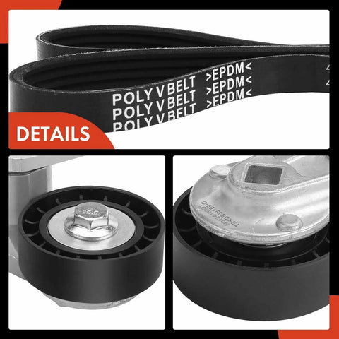 Engine Serpentine Drive Belt Kit With Tensioner For 1999 To 2008 GM Trucks And SUVs Including Silverado Suburban Sierra Tahoe Yukon Escalade Avalanche And More All In One Kit With Pulleys And Easy Install Hardware showing belt and pulley details.