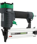Top Shelf Pneumatic Brad Nailer Heavy Duty Compressed Air Wood Nail Gun For Serious DIY Pros With Slick Side Load Viewing Window And Rock Solid Trigger Safety Shoots 10 To 50 Mm Nails, side view showing magazine.