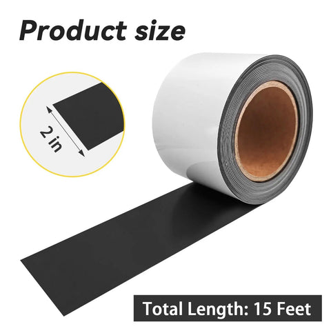 Dry Erase Magnetic Tape Roll 2 Inch By 15 Feet Reusable Label Strips No Glue No Residue, showing rolled tape with dimensions