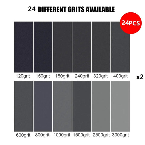 Heavy Duty Silicon Carbide Sanding Sheets In 120 150 180 And 240 Grit Sizes Wet Or Dry For Wood Metal Cars Auto Bodywork Trim Custom Cut - 24 different grit samples