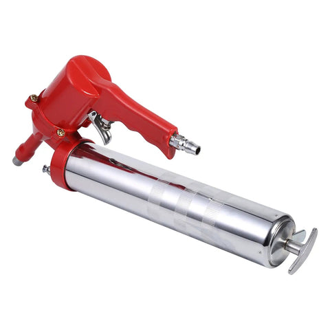 One Hand Grip Grease Gun With Pneumatic Air Pump And Extension Set For Home Shop And Outdoor Use Heavy Duty Metal Construction 14 Oz Capacity Red And Silver Pro Grade DIYer Favorite Tool