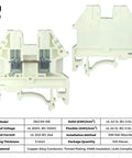White DK2.5N-WE DIN Rail Terminal Block Screw Type 600V 20A 12-22AWG Pack Of 50, shown with specification table and UL listing.