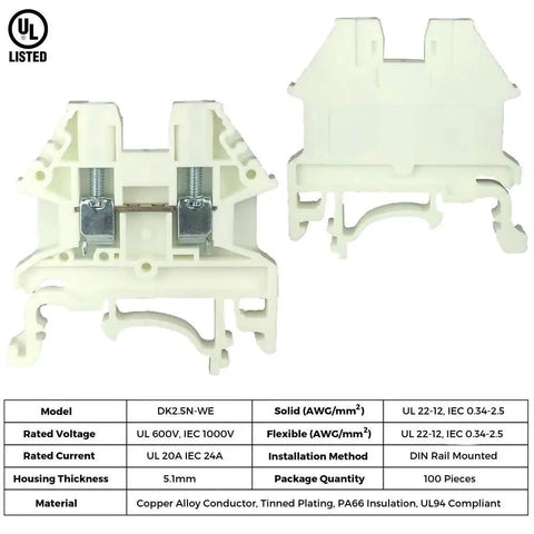 White DK2.5N-WE DIN Rail Terminal Block Screw Type 600V 20A 12-22AWG Pack Of 50, shown with specification table and UL listing.