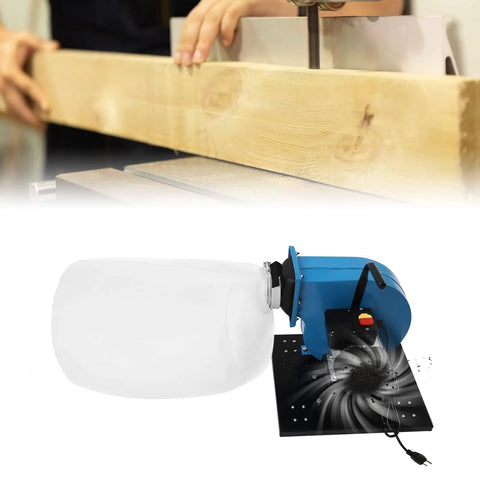 No Nonsense 1Hp Wall Mounted 550 Cfm Dust Collector with 14.8 gallon bag extracting dust from wooden surface.