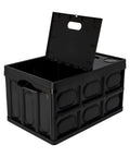Big Time Heavy Duty Collapsible Storage Bin With 16 Gallon Capacity, Folds Flat Easy For Nifty Closet Or Car Trunk Stash, Stackable Plastic Tote Crate For Versatile Home And Garage Setup In Sleek Black with lid open.