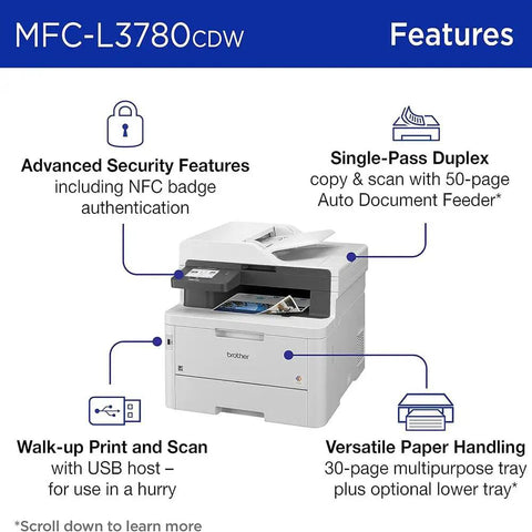 Top Tier Digital Color All In One Wireless Laser Printer Bundle Featuring Hella Smooth Copy Scan Fax Functions And Straight Up PC Driver Downloads Plus Six Foot Usb Cable For Your Office, showing device features and design.