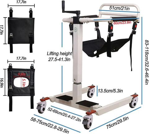 No Sweat Patient Lift Transfer Chair For Home Or Car Lightweight Bedside Wheelchair Commode Seat For Elderly With Heavy Duty 275 Lb Capacity And Smooth Swing Base dimensions with lifting height and fabric seat details