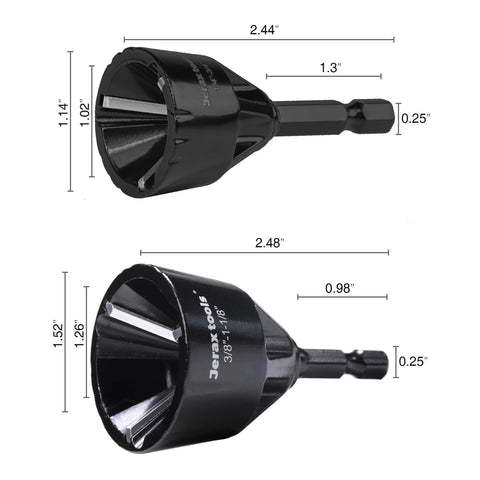 Two Jerax tungsten carbide deburring chamfer tools with quick-release hex shanks (inner and outer).
