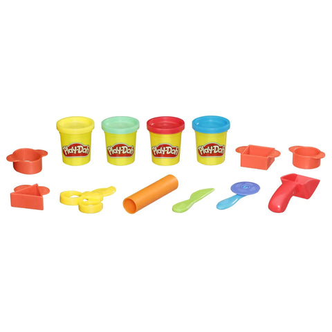 Kid Friendly 9 Piece Starter Set With Storage Tote And Four Modeling Cans For Arts And Crafts Ages 3 And Up Back To School Classroom Supplies And Preschool Toys That Travel Well shown with colorful Play-Doh tools and cans