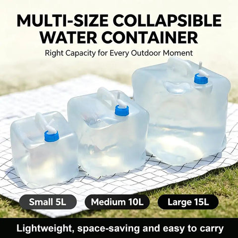 Collapsible 1.3 Gallon Water Container Two Pack BPA Free Camping Water Jug For Outdoors showing three sizes on grass