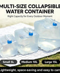 Multi-size collapsible water containers with spigot on outdoor mat, showcasing small, medium, and large sizes.