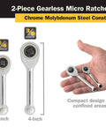 Gearless Micro Ratchet Set With 1/4-Inch And 3/8-Inch Drives, Compact Access For Tight Spaces, Chrome Molybdenum Steel