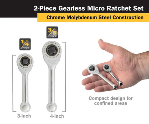 Gearless Micro Ratchet Set With 1/4-Inch And 3/8-Inch Drives, Compact Access For Tight Spaces, Chrome Molybdenum Steel