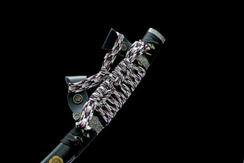 Close-up of 41 Inch Black Authentic Tachi Style Curved Handmade Japanese Samurai Katana Sword With T10 Carbon Steel Full Tang decorative cord