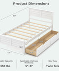 Solid Wood Twin Platform Bed With Two Smooth Rolling Storage Drawers And A Clean White Headboard, dimensions and weight capacity displayed.