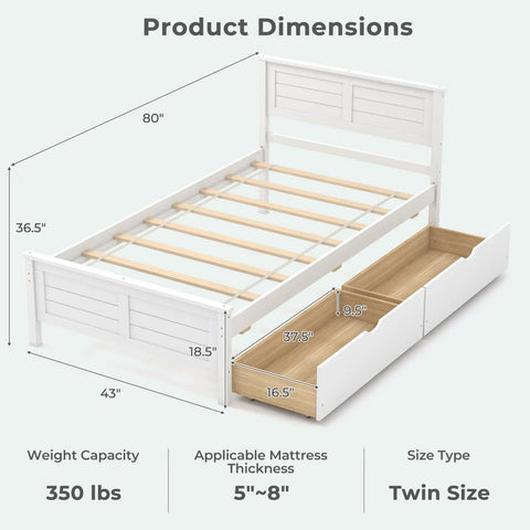 Solid Wood Twin Platform Bed With Two Smooth Rolling Storage Drawers And A Clean White Headboard, dimensions and weight capacity displayed.