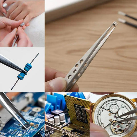 Five Piece Stainless Steel Tweezers Set For Electronics Repair And Crafting With Anti Slip Grip Non Magnetic Tips Rust Resistant Build Pro Grade For Soldering Jewelry Making DIY Projects Tiny Parts Handling in use for small electronics and jewelry.