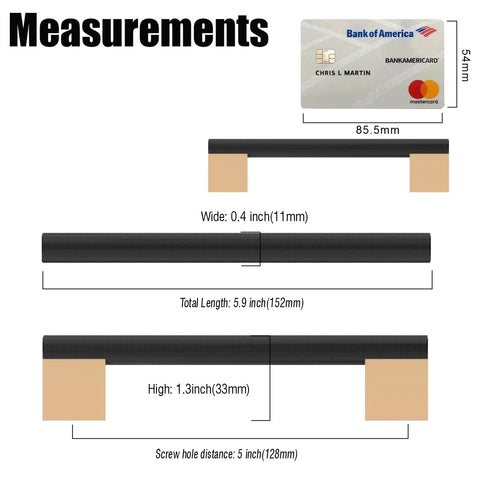Five Inch Black And Gold Knurled Cabinet Pulls Set Of Ten Heavy Duty Drawer Handles measurement details with dimensions and credit card scale.