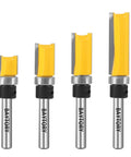 Top Shelf Pattern Flush Trim Router Bits Set Featuring Dead Nut Tight Carbide Cutters And Smooth Riding Bearings For Zero Tear Out Custom Woodworking Projects, 4-piece set, carbide cutters, yellow and silver design.