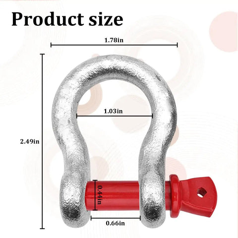 Beefy 2 Pack 3/8 Inch D Ring Anchor Shackles With Screw Pin Clevis Design Rated For One Ton Load showing dimensions and design.