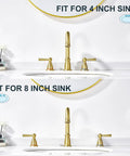 Two sink configurations with Widespread 3 Hole Brushed Gold Bathroom Faucet With No Splash 8 Inch Center Spout Pop Up Drain