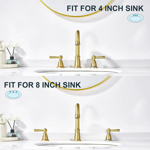 Two sink configurations with Widespread 3 Hole Brushed Gold Bathroom Faucet With No Splash 8 Inch Center Spout Pop Up Drain