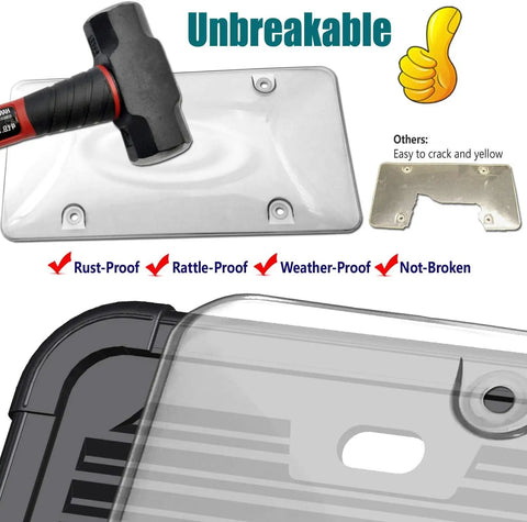 Clear Bubble License Plate Cover With Silicone Frame, Unbreakable Black Plate Protector Kit, hammer test, unbreakable