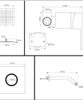 Technical diagram of Brushed Nickel Rain Shower System With Wall Mount Square Shower Head Kit All In One Bathroom Trim With Rough In Valve Easy Install Full Rainfall Experience No Fuss Setup Durable Shower Faucets Set, showing dimensions and components.
