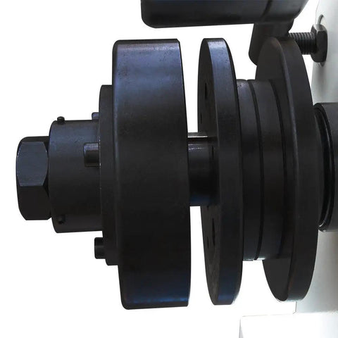 Close-up of the roller mechanism of the Hardcore Hydraulic Roll Bender Built Like A Tank For Precision Metal Fabrication And Heavy Pipe Rolling With 3HP Motor 220V Three Phase Power For Daily Shop Grind.
