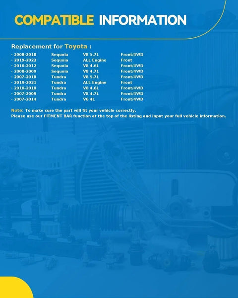 Compatibility chart for Toyota Sequoia and Tundra models with 4WD Front Wheel Hub Bearing Assembly