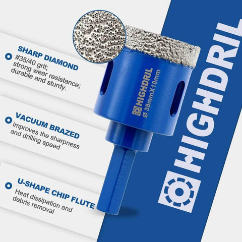 Blue HIGHDRIL diamond tile drill bit with hex shank, 30 mm diameter for porcelain, ceramic, granite and marble.