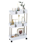 Sleek 3 Tier Slim Rolling Storage Cart With Slide Out Shelves For Tight Squeezes, white PP shelves, steel frame, stylish design.