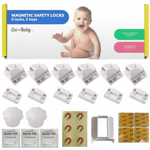 Six Pack Magnetic Cabinet Locks For Babies With Two Keys, Easy No Tools Installation, showing product contents and packaging