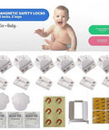 Six Pack Magnetic Cabinet Locks For Babies With Two Keys set with childproof locks, adhesive tape, keys, alcohol pads, and mounting hardware