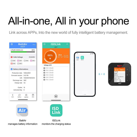 Air8 All In One Battery Charger And Balance Discharger app interface showing battery management and ISDLink connection