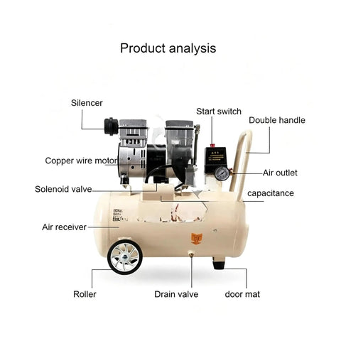 Heavy Duty 550W Silent Air Compressor With 8 Gallon Tank. Oil Free Industrial Pump For Garage, Shop, And HVAC Systems. Low Noise Operation And Durable Design. Compact Footprint Ensures Easy Storage. Perfect For Blow Guns, Nails, And Tires. Reliable