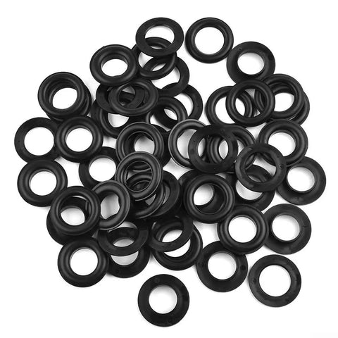 Top Notch Adjustable Plastic Eyelet Fasteners With 15 Millimeter Inner And 28 Millimeter Outer Fit Perfect For Canvas Repair And Fabric Patching In A Hella Strong 50 Piece Kit - black plastic eyelet fasteners spread out.