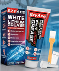 White Lithium Grease For Garage Doors And More Heavy Duty Multi Purpose Bearing And Gear Lubricant For Hinges Tracks Bearings Gears And Bikes Waterproof And Heat Resistant Automotive And Marine Use 1.76 Oz tube and packaging with applicator brush