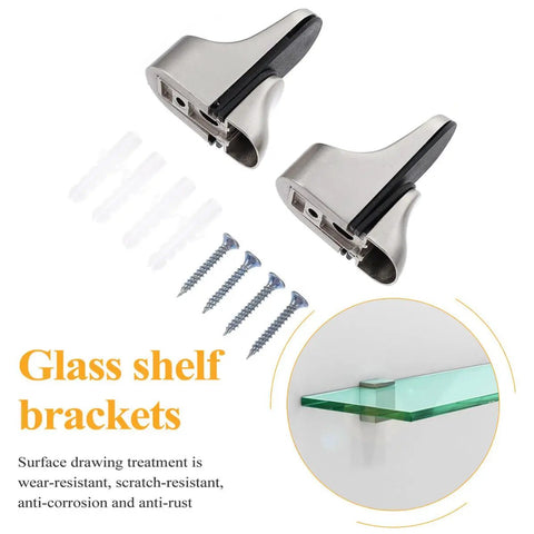 Adjustable Glass Shelf Brackets Dope Durable Zinc Alloy Wall Mounts For Floating Shelves with screws and glass shelf display.