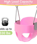 Pink Toddler Swing Seat With Heavy Duty High Back Full Bucket Design For Outdoor Play, plastic coated chains shown