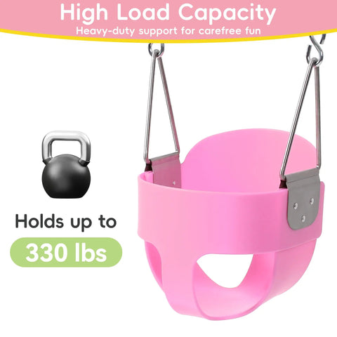 Pink Toddler Swing Seat With Heavy Duty High Back Full Bucket Design For Outdoor Play, plastic coated chains shown