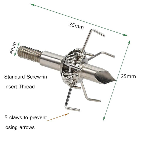 Close-up of 100-grain screw-in arrowhead with claw tips from 12 Pack 100 Grain Small Game Broadheads With Judo Points And Hammer Style Tips Mixed Set